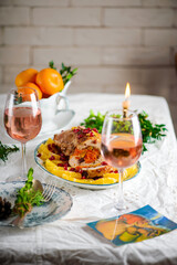 festive turkey roll with fruit on a festively laid table..style rustic.