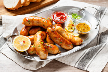 Homemade chicken sausages fried and stewed in garlic butter sauce.	