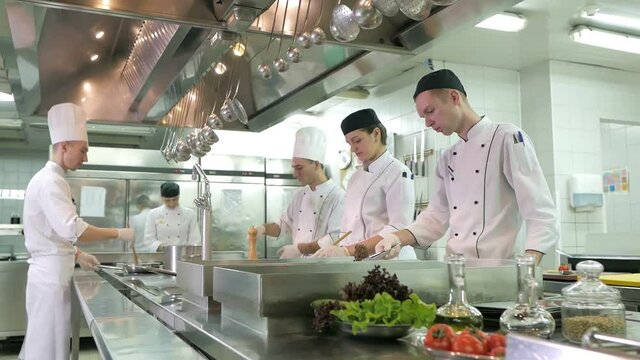 Cooks prepare meals on an electric stove in a professional kitchen in a restaurant or hotel