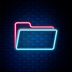 Glowing neon line Folder icon isolated on brick wall background. Colorful outline concept. Vector.