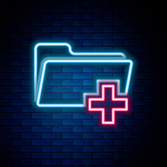 Obraz premium Glowing neon line Add new folder icon isolated on brick wall background. New folder file sign. Copy document. Add attach create folder make new plus. Colorful outline concept. Vector.