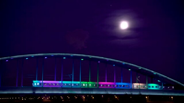 Night image of trail passing at Hendrix Bridge with lights on, Zagreb, Croatia.