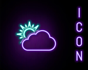 Glowing neon line Sun and cloud weather icon isolated on black background. Colorful outline concept. Vector.