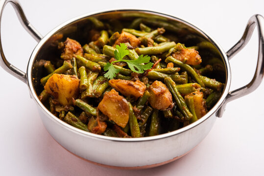 Indian long bean potato curry or Chawli or barbati and aloo dry fry sabzi or vegetable recipe