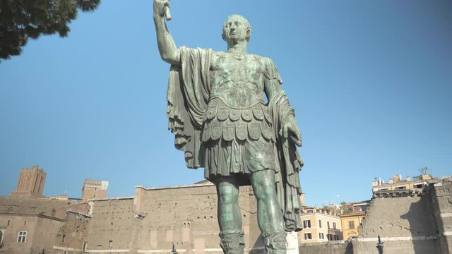 A full size bronze statue of Emperor Nerva on Via dei Fori Imperiali street, located in Rome, Italy