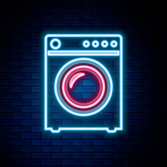 Glowing neon line Washer icon isolated on brick wall background. Washing machine icon. Clothes washer - laundry machine. Home appliance symbol. Colorful outline concept. Vector.