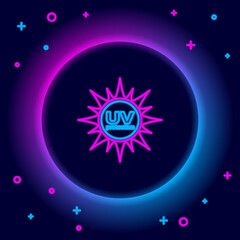 Glowing neon line Laptop protected with shield icon isolated on black background. PC security, firewall technology, privacy safety. Colorful outline concept. Vector.
