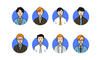 プロフィール用8人の男性ビジネスマンのサークルアイコン