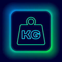 Glowing neon line Weight icon isolated on black background. Kilogram weight block for weight lifting and scale. Mass symbol. Colorful outline concept. Vector.