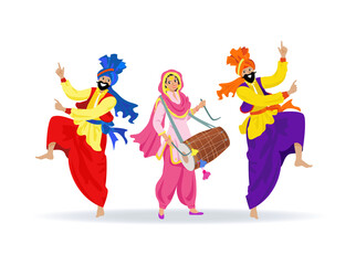 Three merry smiling Sikh people in colorful clothes, dancing jumping bearded men in turbans, happy laughing girl in pink Punjabi suit playing dhol drum, celebrating traditional festival, wedding