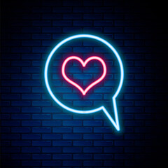 Glowing neon line Heart in speech bubble icon isolated on brick wall background. Heart shape in message bubble. Love sign. Valentines day symbol. Colorful outline concept. Vector.