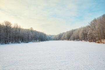 Snowy winter in Russia. Winter forest landscape with snow-covered trees and snowdrifts. Nizhny Novgorod
