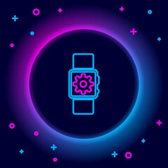 Glowing neon line Smartwatch setting icon isolated on black background. Smart watch settings. Colorful outline concept. Vector.