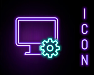 Glowing neon line Computer monitor and gear icon isolated on black background. Adjusting, service, setting, maintenance, repair, fixing. Colorful outline concept. Vector.