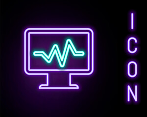 Glowing neon line Computer monitor with cardiogram icon isolated on black background. Monitoring icon. ECG monitor with heart beat hand drawn. Colorful outline concept. Vector.