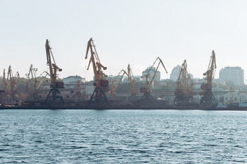 Yellow loading crane. Black Sea commercial port, container loading by crane. Shipping. Container import and export logistics, cargo harbor view. Panorama of harbor cranes.