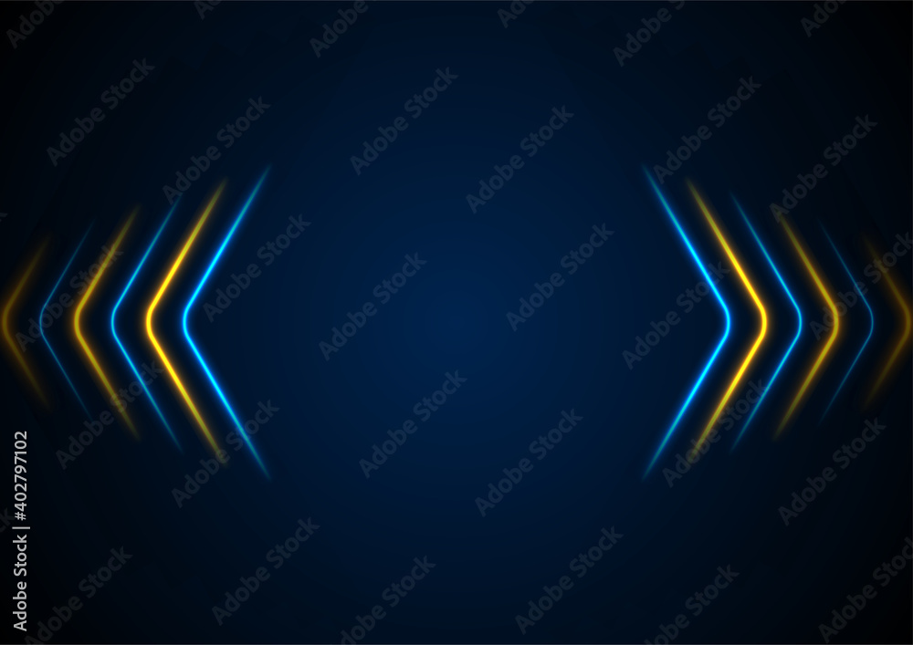 Poster bright blue yellow abstract neon arrows tech graphic design. futuristic laser sci-fi vector backgrou