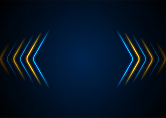 Bright blue yellow abstract neon arrows tech graphic design. Futuristic laser sci-fi vector background