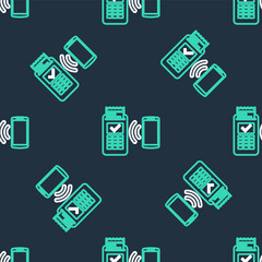 Fototapeta premium Line POS terminal with printed reciept and confirms the payment by smartphone icon isolated seamless pattern on black background. NFC payment concept. Vector.