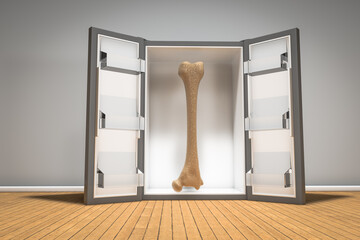 Human thigh bone in fridge on wooden floor. Freeze Osteoporosis or slow down arthritis concept. 3D illustration