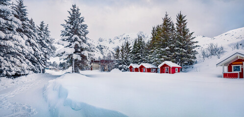 Beautiful winter scenery. Red wooden houses under the fresh snow. Panoramic winter view of Lofoten islands, Vestvagoy, Norway, Europe. Landscape photography.