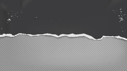 Obraz premium Piece of torn, ripped horizontal, distressed crumpled black paper with soft shadow is on grey transparent background for text. Vector illustration