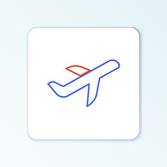 Fototapeta premium Line Plane icon isolated on white background. Flying airplane icon. Airliner sign. Colorful outline concept. Vector.
