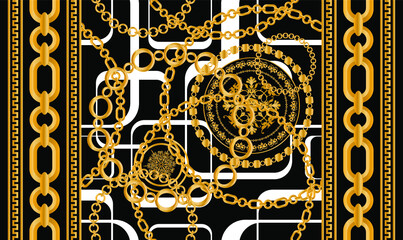 Seamless pattern decorated with precious stones, gold chains and pearls.	