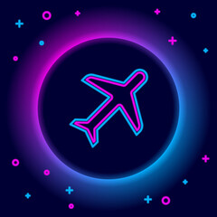 Glowing neon line Plane icon isolated on black background. Flying airplane icon. Airliner sign. Colorful outline concept. Vector.