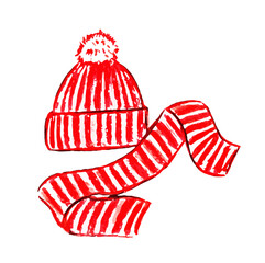 Sports red hat with pompom and scarf