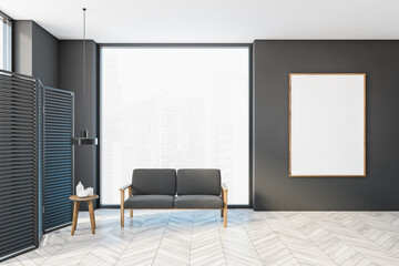Mockup frame in grey hall with sofa and small table, wooden screen