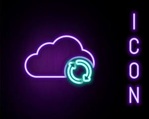 Fototapeta premium Glowing neon line Cloud sync refresh icon isolated on black background. Cloud and arrows. Colorful outline concept. Vector.