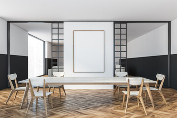 Mockup frame in white and black dining room with chairs and table