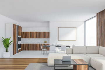 Mockup frame in white living room with sofa and kitchen with chairs and table