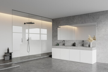 White and concrete bathroom corner with double sink and shower