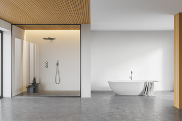 White bathroom interior with tub and shower