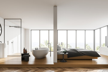 Panoramic white bedroom and bathroom interior