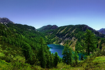 amazing blue mountain lake with green landscape in the mountains