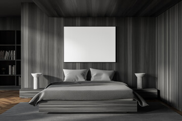 Dark wooden master bedroom interior with poster