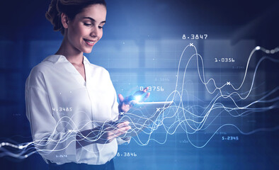 Smiling woman with tablet in office and graphs
