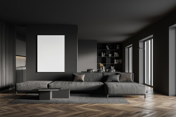 Gray living room with sofa and poster