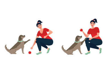 Girl playing ball with a dog. Training and caring for a puppy. The concept of the profession of a dog handler. Vector illustration