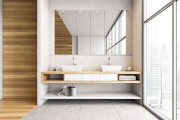 Wooden and white bathroom with two sinks, mirror and big window