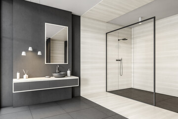 Grey and white bathroom with shower, sink and mirror