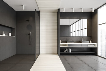 Grey and white bathroom with shower, two sinks and mirror