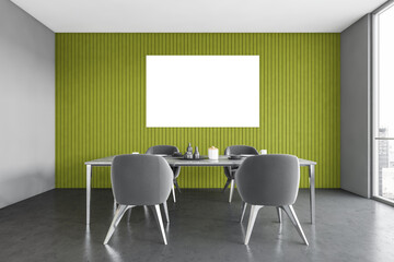 White and green dining room interior with poster
