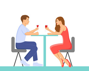 Beautiful romantic couple on a date sitting together at table raising their glasses of  red wine, looking at each other. Vector cartoon flat style illustration.