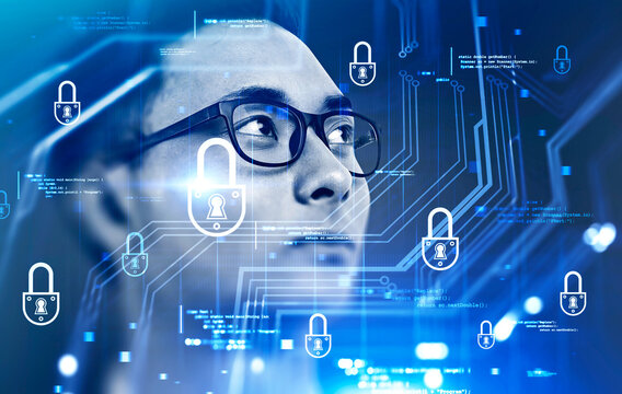 Asian man in glasses and cyber security interface
