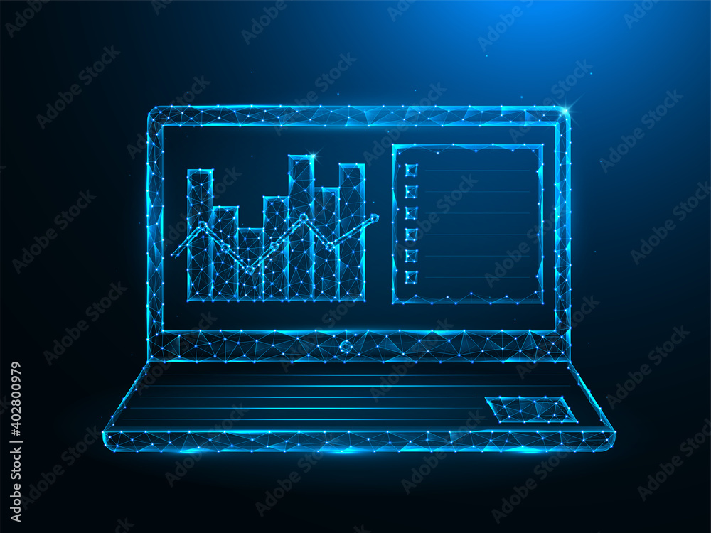 Wall mural laptop and analytical data low poly art. notebook and data analytics graphic polygonal vector illust