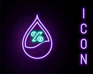 Glowing neon line Water drop percentage icon isolated on black background. Humidity analysis. Colorful outline concept. Vector.